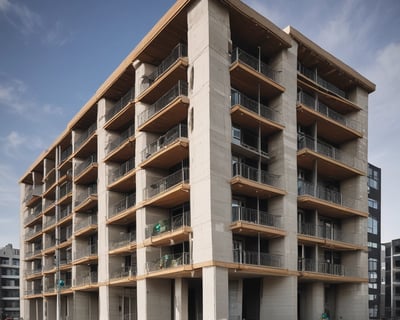 An under-construction bridge with scaffolding and concrete pillars, situated in an open area with clear skies. A crane and various construction materials are visible, with a vehicle parked nearby.