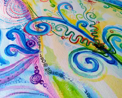 aquarelle représentant un corps à la limite du concret, vibrant et joyeux; Couleurs vers, bleus et violets.