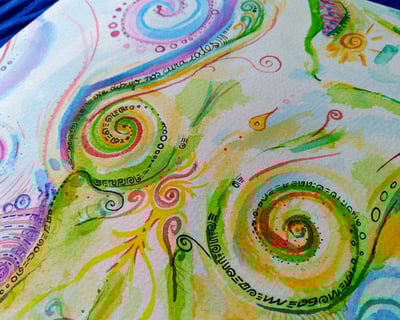 aquarelle représentant un corps à la limite du concret, vibrant et joyeux; Couleurs vers, bleus et violets.