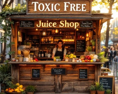 a woman standing in front of a juice shop that says toxic free juice shop