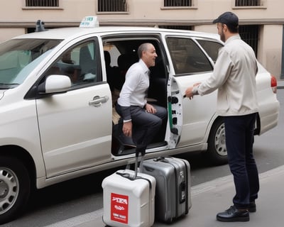 A ferry is transporting multiple parked cars across a vast expanse of blue ocean under a clear sky. The rear of the ferry shows the wake trailing behind, and numerous vehicles are tightly arranged on the ferry's deck.