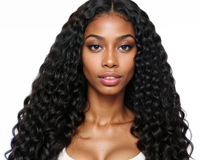 Woman wearing deep wave style wig