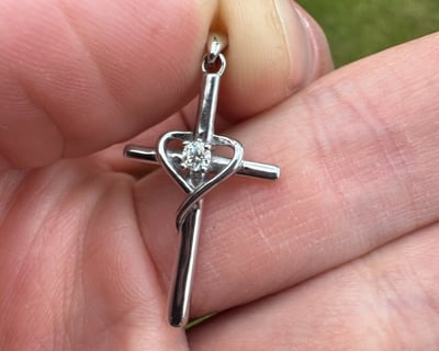 Sterling Silver Cross with Moissanite inside Heart
