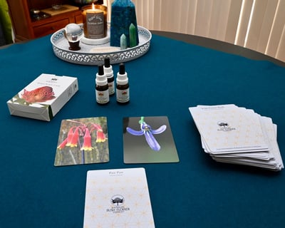 Bush Flower Essences and cards on a table