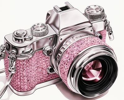 a pink camera with a pink strap and a silver strap