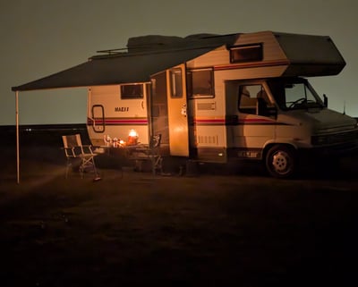 Our old camper Casa Mariposa — our home on wheels and the heart of our slow travel adventure.