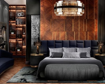 a bedroom with a bed and a couch
