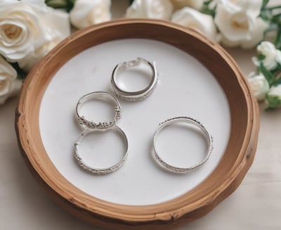 A collection of handcrafted items on a table including wooden candle holders, lamps with gray textured shades, and decorative bowls. A woven leather bag is visible on the right, while various materials and tools can be seen in the background.