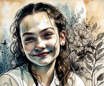 Portrait photo transformed into a girl with a flowered hair and a white shirt