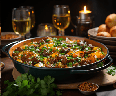 a table with a bowl of food and a glass of wine