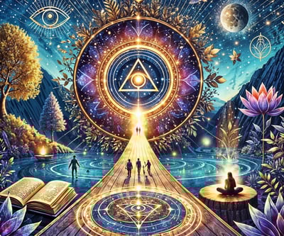 Ilustração inspiradora da Comunidade Oraculum, com símbolos de autoconhecimento, conexão e harmonia.