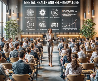 Palestrante em auditório corporativo falando sobre saúde mental, com público atento e telão