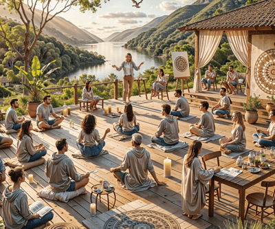 Facilitadora guia vivência ao ar livre, com grupo em círculo meditando e interagindo em retiro.