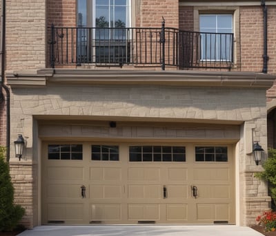 A decorative garage door with horizontal stripes in a variety of bright colors. Above the door is a sign with blue letters reading 'Humber'. The building facade is light-colored and the ground is paved.