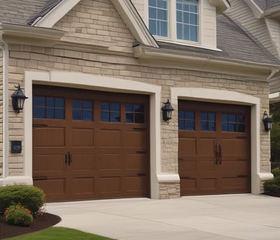 A brightly colored garage door with a bold yellow hue is flanked by a teal pillar and a section of purple under the red tiled roof. A distinctive shadow pattern is cast on the door, creating a geometric design.