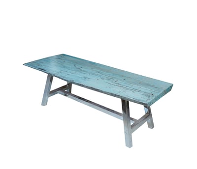 a blue wooden bench with a wooden table top