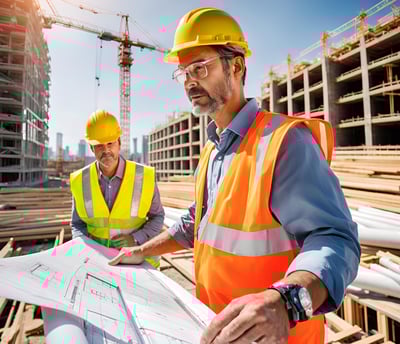 Engenheiro em uma obra observando um projeto de engenharia