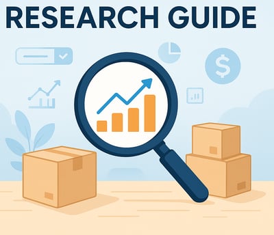 Amazon FBA product research with laptop and charts.