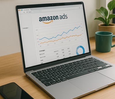 Laptop displaying Amazon PPC dashboard on a clean workspace.