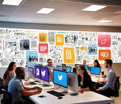 a group of people sitting at desks in a room