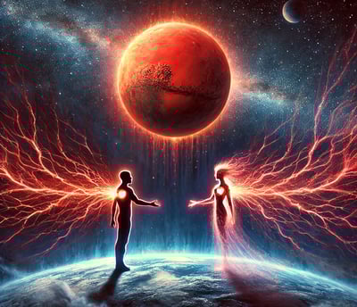 two people standing on a planet with a red planet in the background