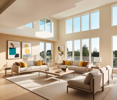 a living room with a large window and a couch