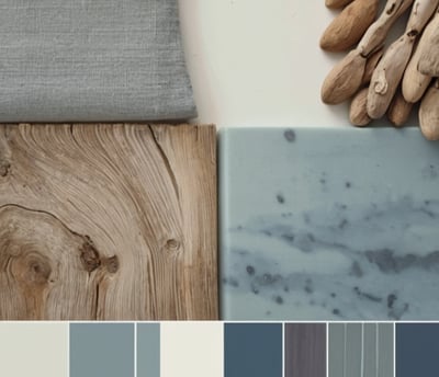 Eine elegante Auswahl an verschiedenen Materialien und Farben in Beige und Blautönen .