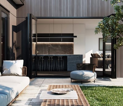 a patio with a couch and a table