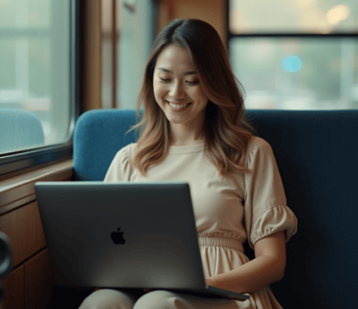 a woman sitting on a couch with a laptop computer