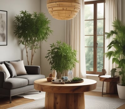 A cozy interior space featuring several potted plants arranged on a patterned rug. In the background, a balcony is visible with a wicker chair and a stone statue of Buddha. The large glass windows offer a view of a building with multiple balconies across the way.