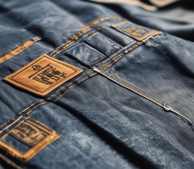 A close-up view of a textured fabric with a woven pattern. The fibers alternate between dark blue and white threads, creating a characteristic denim appearance.