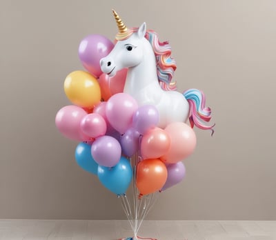 A unicorn-shaped balloon with colorful patterns is held above a crowd of people. The scene includes several casually dressed individuals enjoying a sunny outdoor event, with a tree and a train in the background.