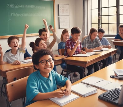 A colorful classroom corner decorated with educational materials and artwork. A tree made of brown paper with a bright yellow paper sun on a blue background. Alphabet letters displayed on a board with multicolored magnets. Several educational posters feature drawings and letters, and a plush toy lies on a white shelf. Various cut-out images and decorations create a child-friendly and engaging learning environment.