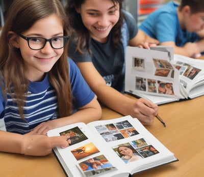 A light-colored wooden shelf is organized with various educational materials. The top shelf holds trays with papers and a small green basket. The middle shelf has more paper trays and a small container. The bottom shelf contains baskets, small books, and plastic folders. A vibrant painting of colorful flowers is hung above the shelf on a cream-colored wall. The floor is wooden, and there is a small chalkboard next to the shelf.