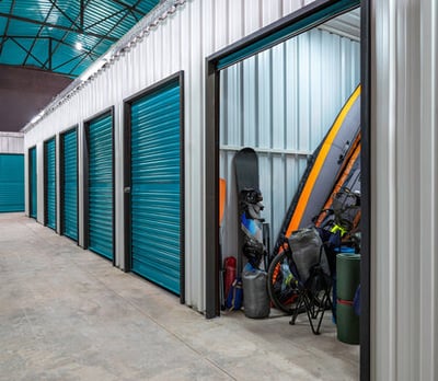 a storage unit with a lot of items stored