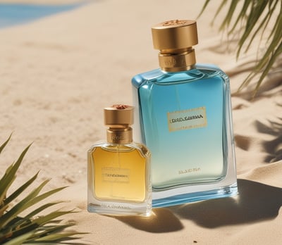 A stylish perfume bottle with a black cap stands elegantly in front of a softly lit background. The liquid inside the bottle appears amber-colored. In the background, delicate blue flowers adorn a fabric-like texture, adding a touch of nature and sophistication. A gold chain accessory is casually draped around the bottle, enhancing the luxurious aesthetic.