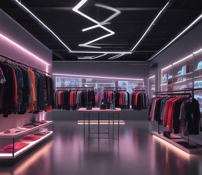 A modern retail store featuring sleek wooden furnishings and curved wooden ceiling designs. Several laptops and electronic devices are displayed on minimalist wooden tables. The store has large glass windows allowing natural light to illuminate the interior. Customers are seen browsing the products.