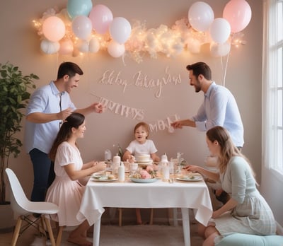 A festive arrangement features pink, purple, and white balloons surrounding a backdrop with 'One Happy Birthday' written in gold glitter letters. Decorations include small butterfly stickers on some balloons and tables laid out with gift bags and jars filled with colorful candies.