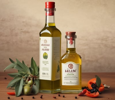 Several shelves display a variety of olive oil bottles. The bottles are in dark and light colors, with some wrapped in decorative packaging with tags. The shelves are wooden, and the setting appears to be a specialty or gourmet shop.