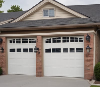 A garage door with horizontal panels and a small rectangular window located near the top left corner. Above the door, there's a section of textured brick wall illuminated by light, creating a contrast between the bright and shadowed areas.