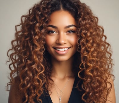 Une jeune femme métisse souriante avec des extensions bouclées brun-rougeâtre.