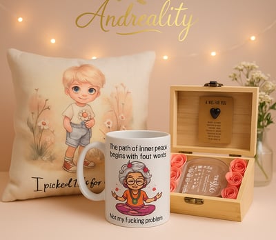 Personalized gift set whit a printed pillow,funny mug,and acrylic heart plaque in wooden box.