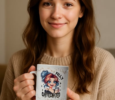 a woman holding a mug and smiling at the camera