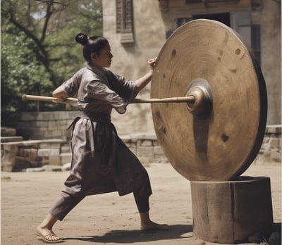 A person is seated on the ground in a meditative pose, holding a red-tipped percussion mallet to their forehead. They are wearing a beige shirt and loose blue patterned pants. In front of them, a large singing bowl is placed on the ground. The background features a clear blue sky and some green trees.