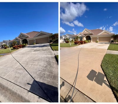 A driveway before cleaning, and after cleaning.