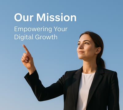 a woman in a suit pointing at a digital device