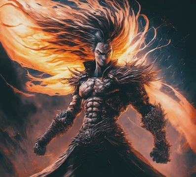 a man with a large, fiery flame on his chest