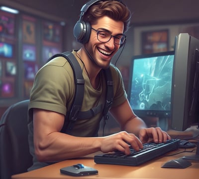 A telecommunications tower with a lattice structure stands tall against a clear blue sky. The tower is equipped with various antennas and dishes. Below the tower, the top of a modern building with a glass facade is visible, partially covered by green trees.