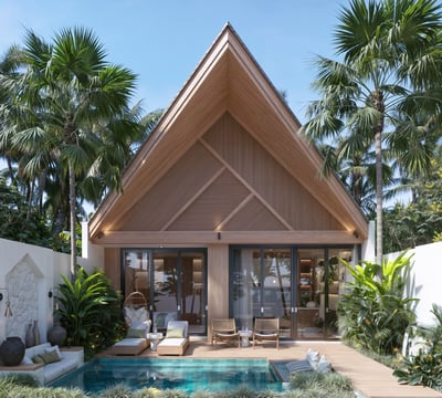 Villa Oraya’s inviting pool and modern façade, designed for luxurious indoor-outdoor living in Bali