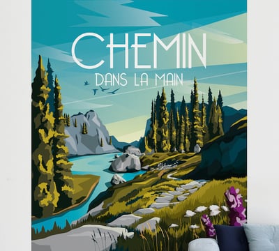 tapisserie d'un panorama de montagne et chemin représentant le thème